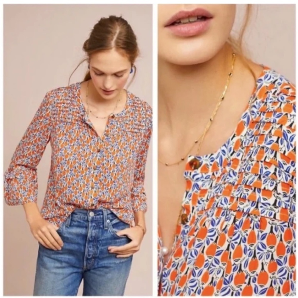 New Anthropologie Maeve Berwick Bell Sleeve Orange Fruit Grove Citrus Boho Top S